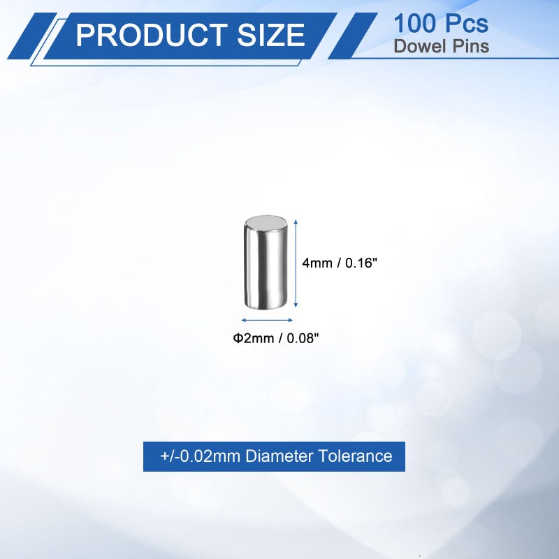 uxcell 100 Pcs 2mm x 4mm Dowel Pins Bearing Steel Cylindrical Dowel Pins Shelf Support Peg Pin Rod Fasten Elements Metal Shelf Pegs +/-0.02mm Diameter Tolerance, Silver Tone - Image 2